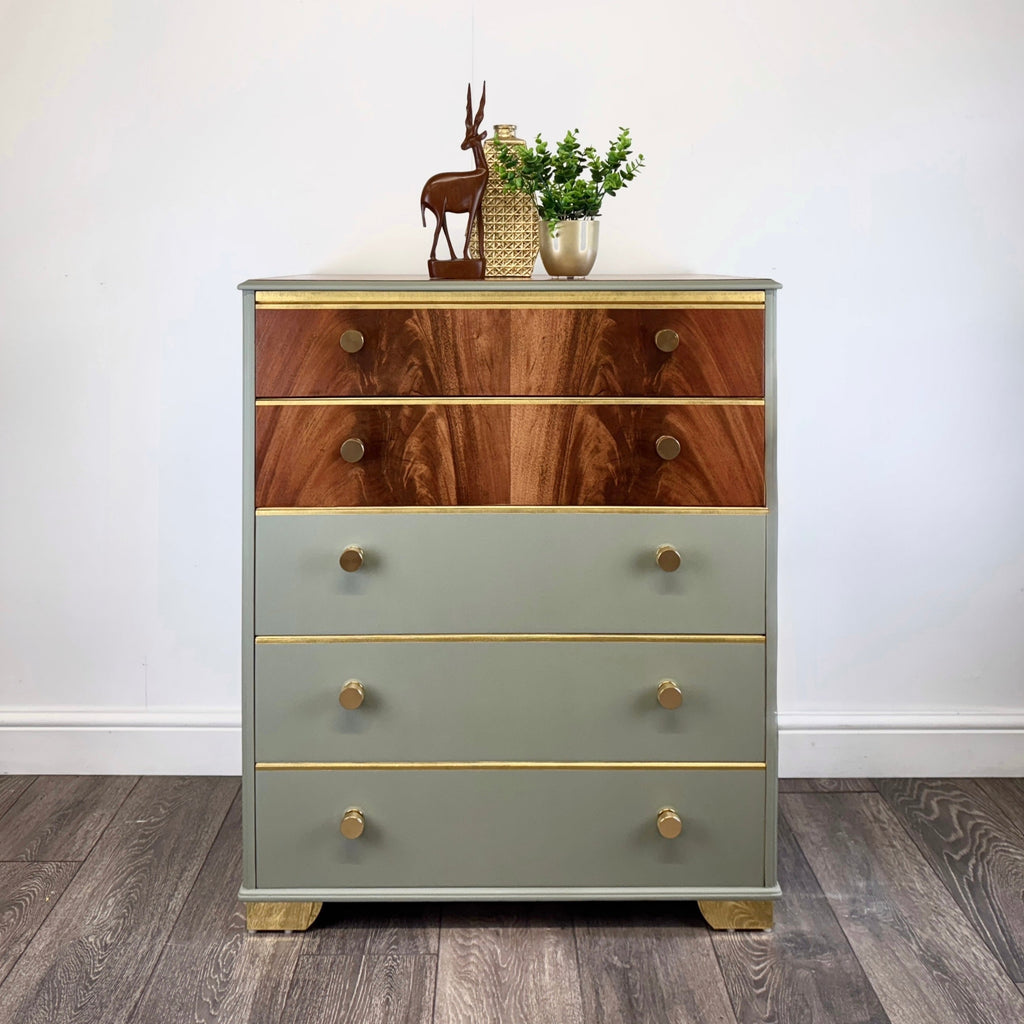 Wooden chest of drawers with green base and walnut top