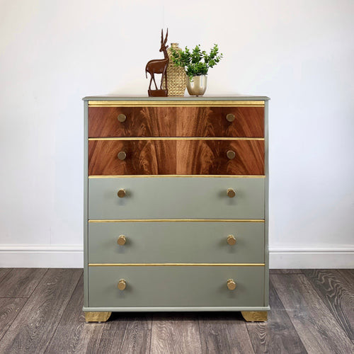 Wooden chest of drawers with green base and walnut top