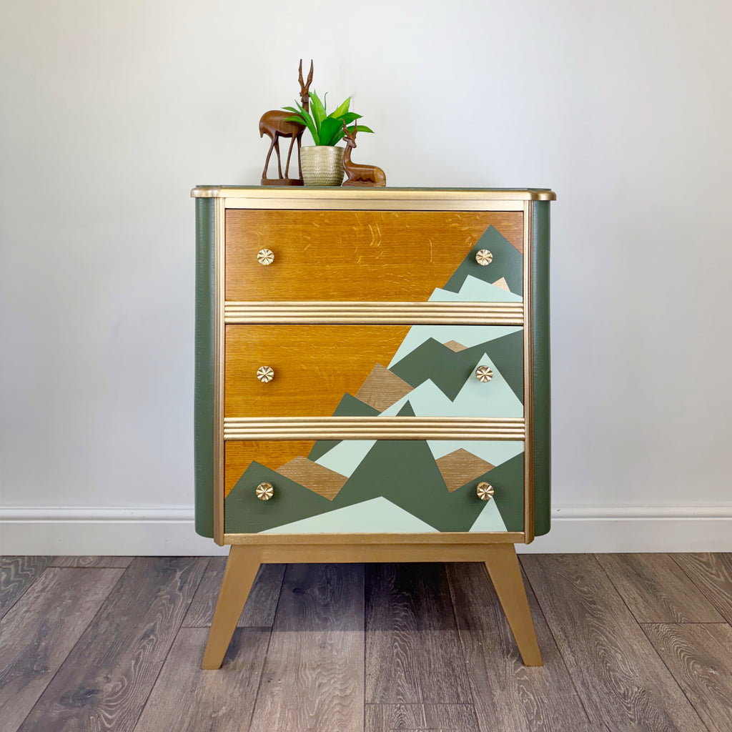 upcycled mid century chest of drawers mountain design in green and gold