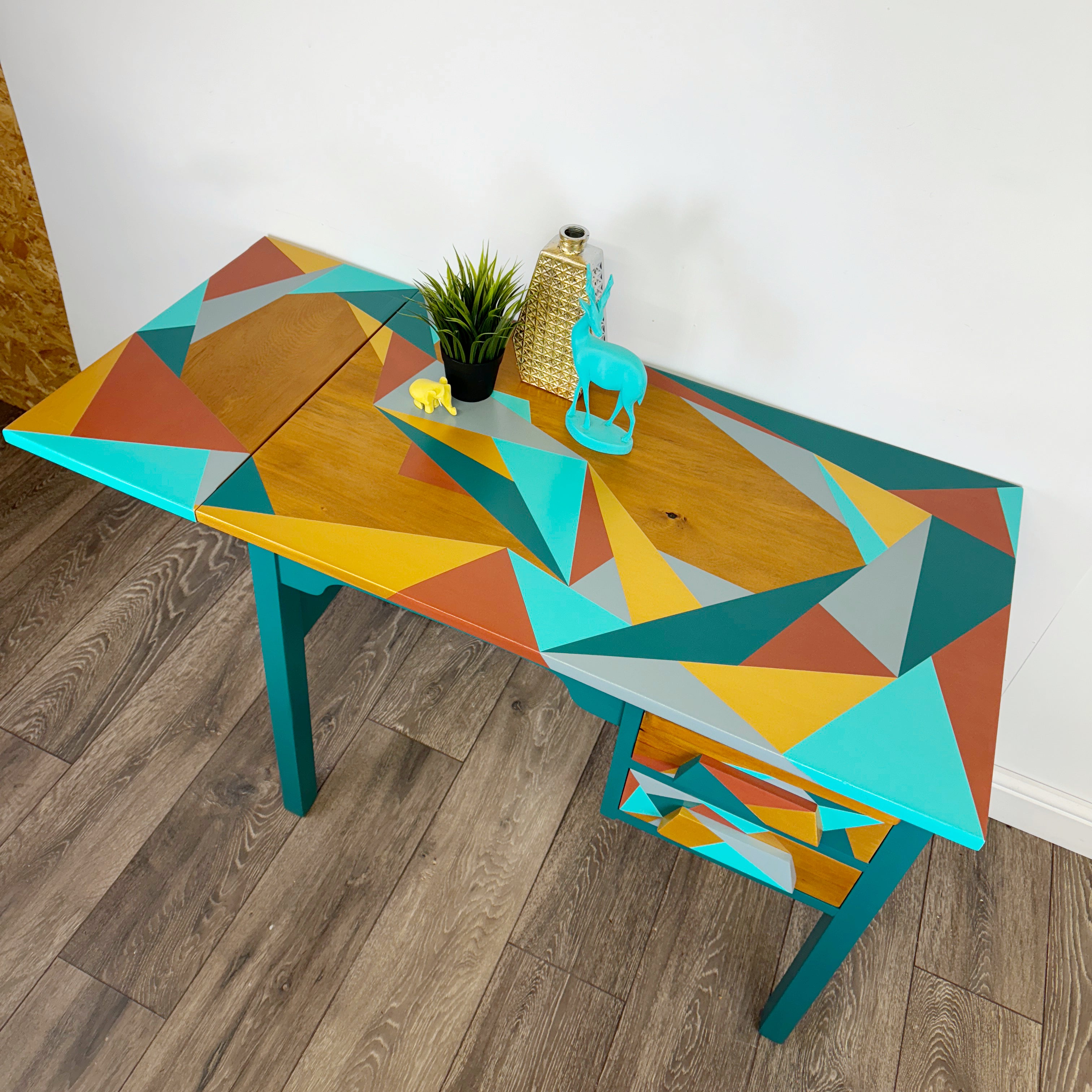 mid century school desk upcycled in blue and gold geometric design