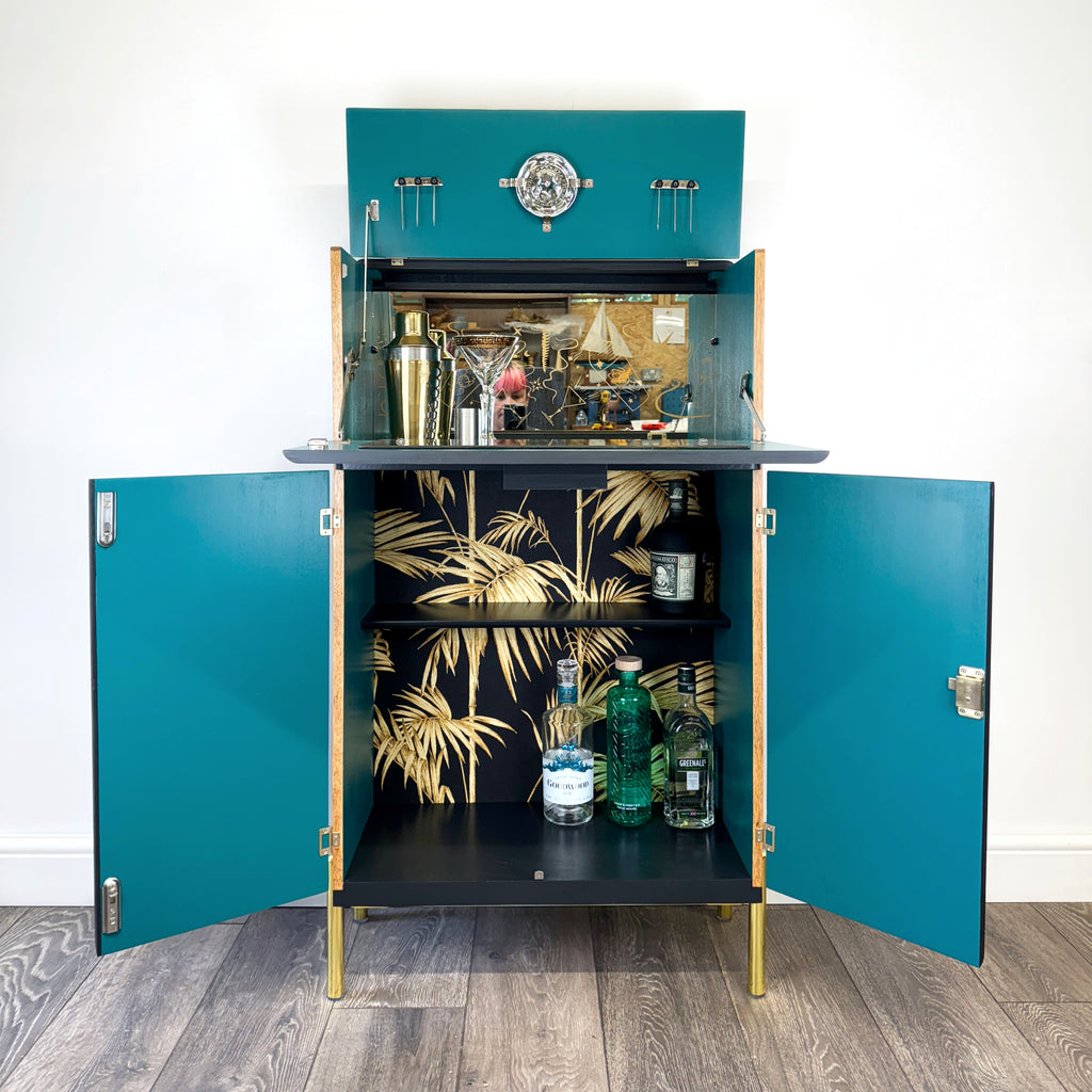 vintage upcycled drinks cabinet in black and gold
