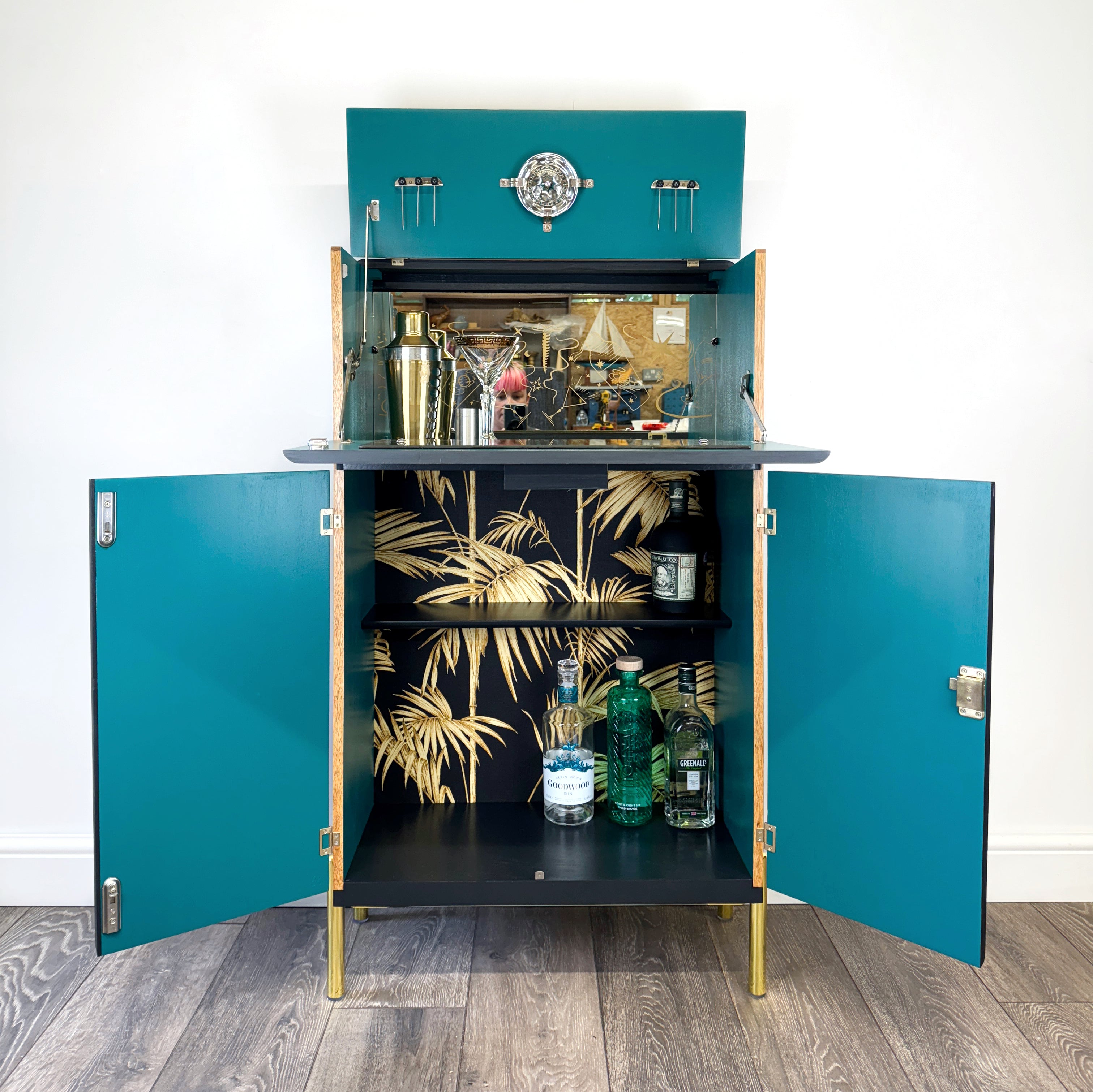 vintage upcycled drinks cabinet in black and gold