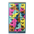Vintage library card upcycled using blue yellow and pink geometric pattern