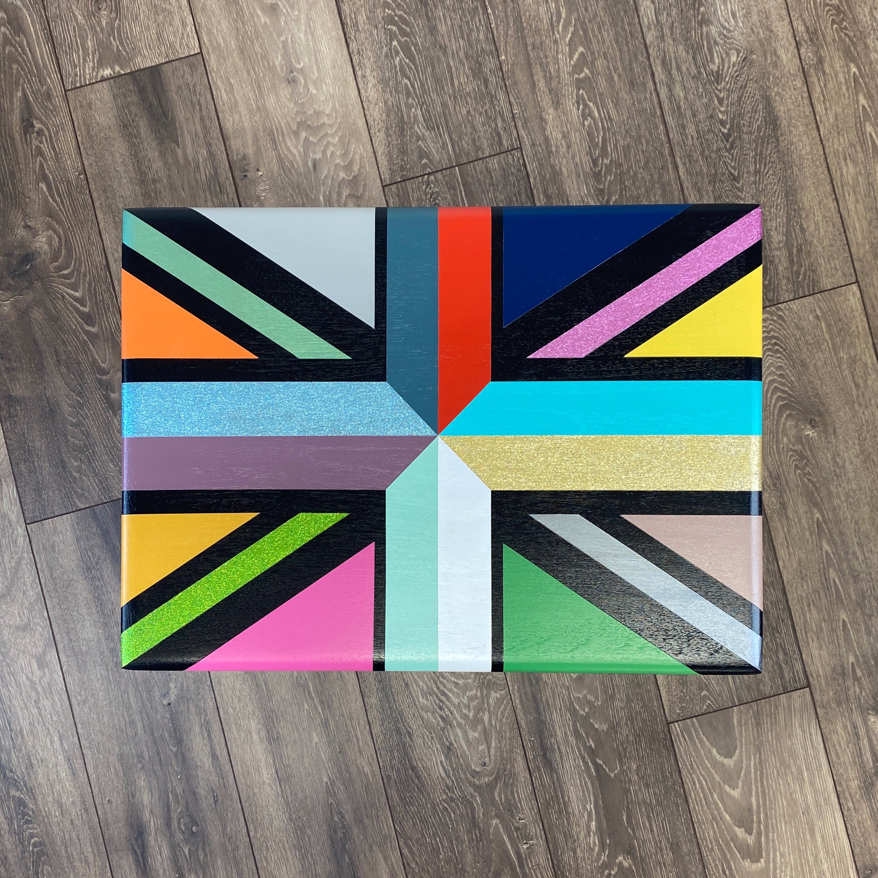 Union jack design painted table in right colours and glitter