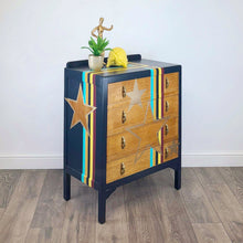 Load image into Gallery viewer, Upcycled lebus mid century drawers in retro stripes and gold stars
