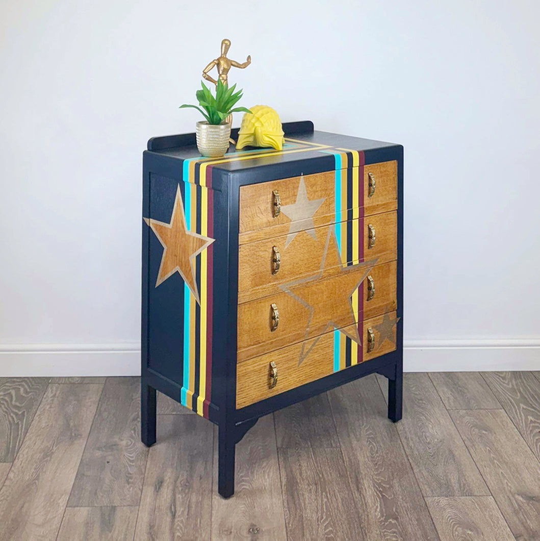 Upcycled lebus mid century drawers in retro stripes and gold stars