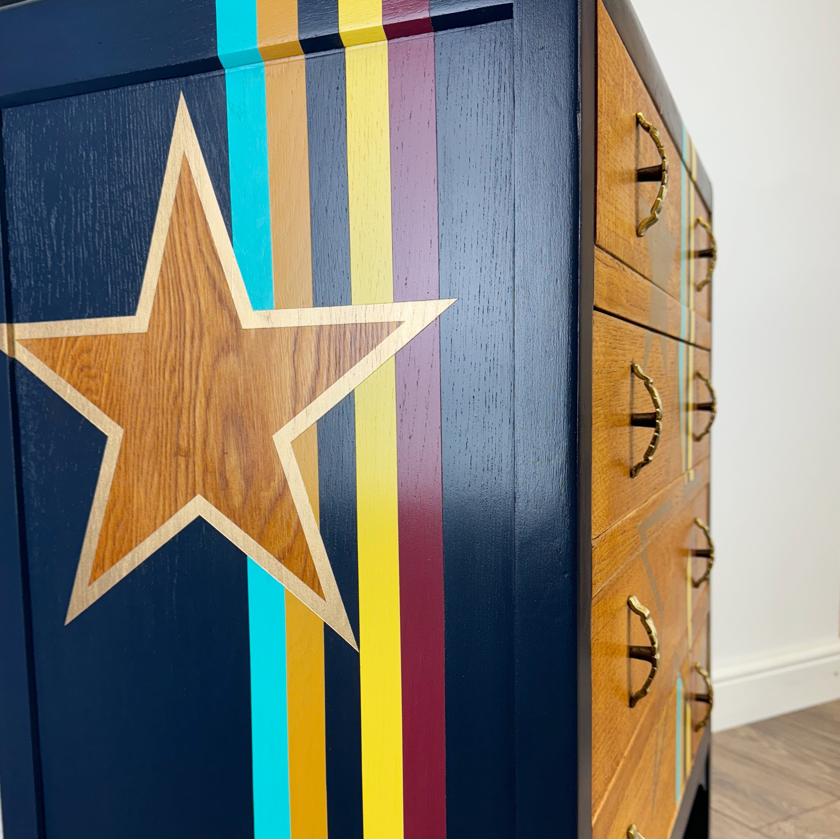 Upcycled lebus mid century drawers in retro stripes and gold stars