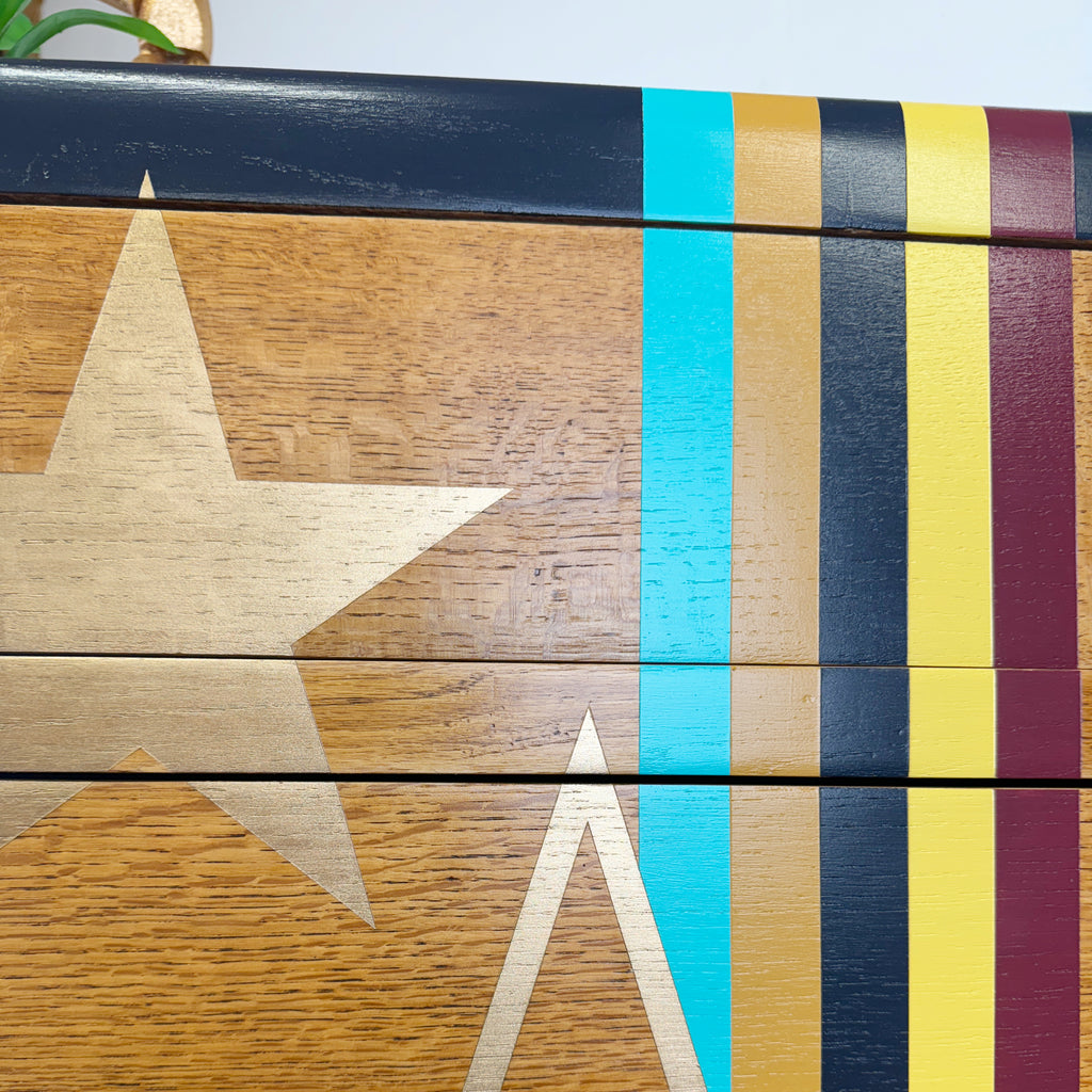 Upcycled lebus mid century drawers in retro stripes and gold stars
