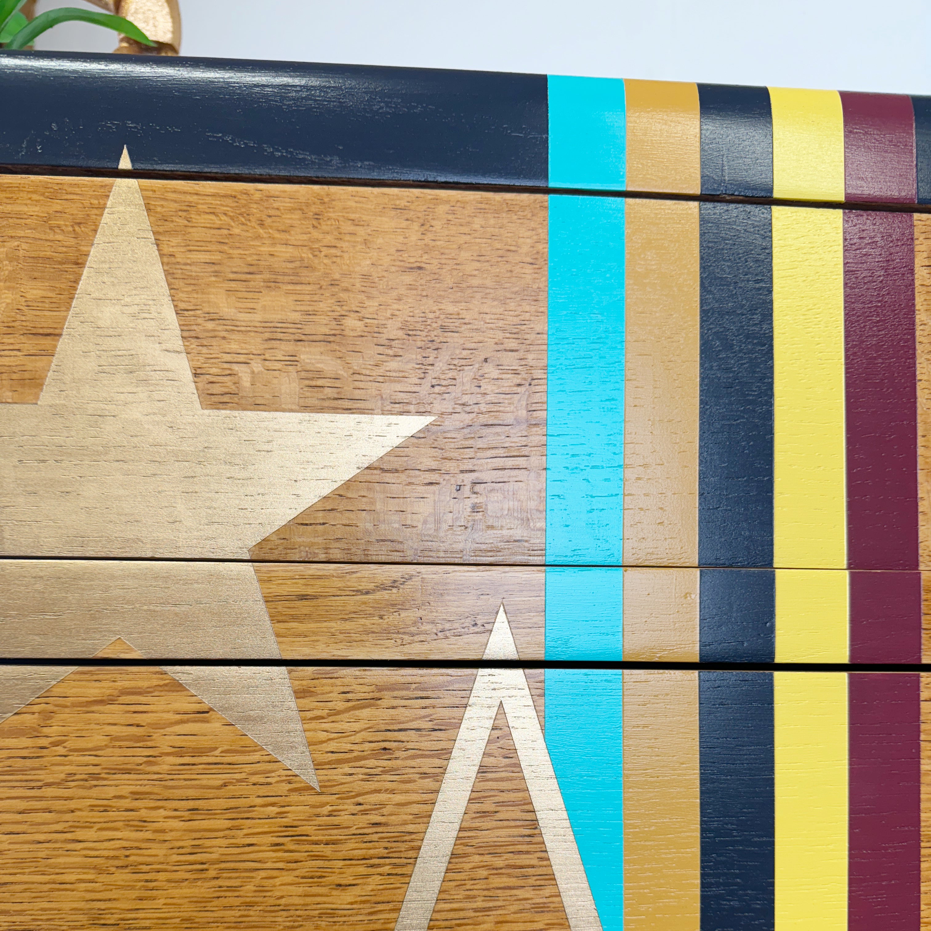 Upcycled lebus mid century drawers in retro stripes and gold stars
