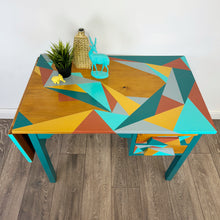 Load image into Gallery viewer, mid century school desk upcycled in blue and gold geometric design
