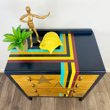 Load image into Gallery viewer, Upcycled lebus mid century drawers in retro stripes and gold stars
