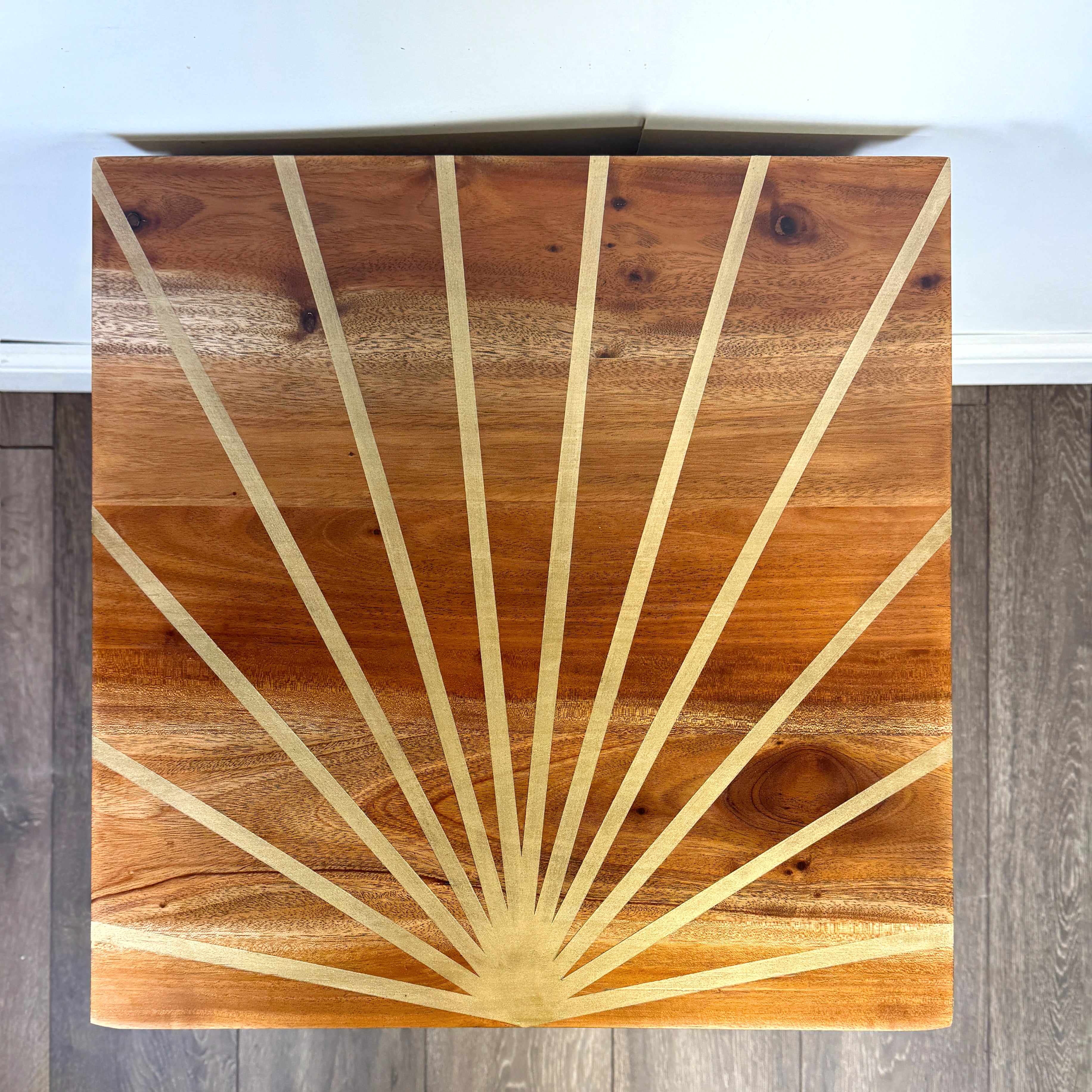 Teal and gold handpainted upcycled solid wooden drawers with gold sunburst design on the top and teal cup handles