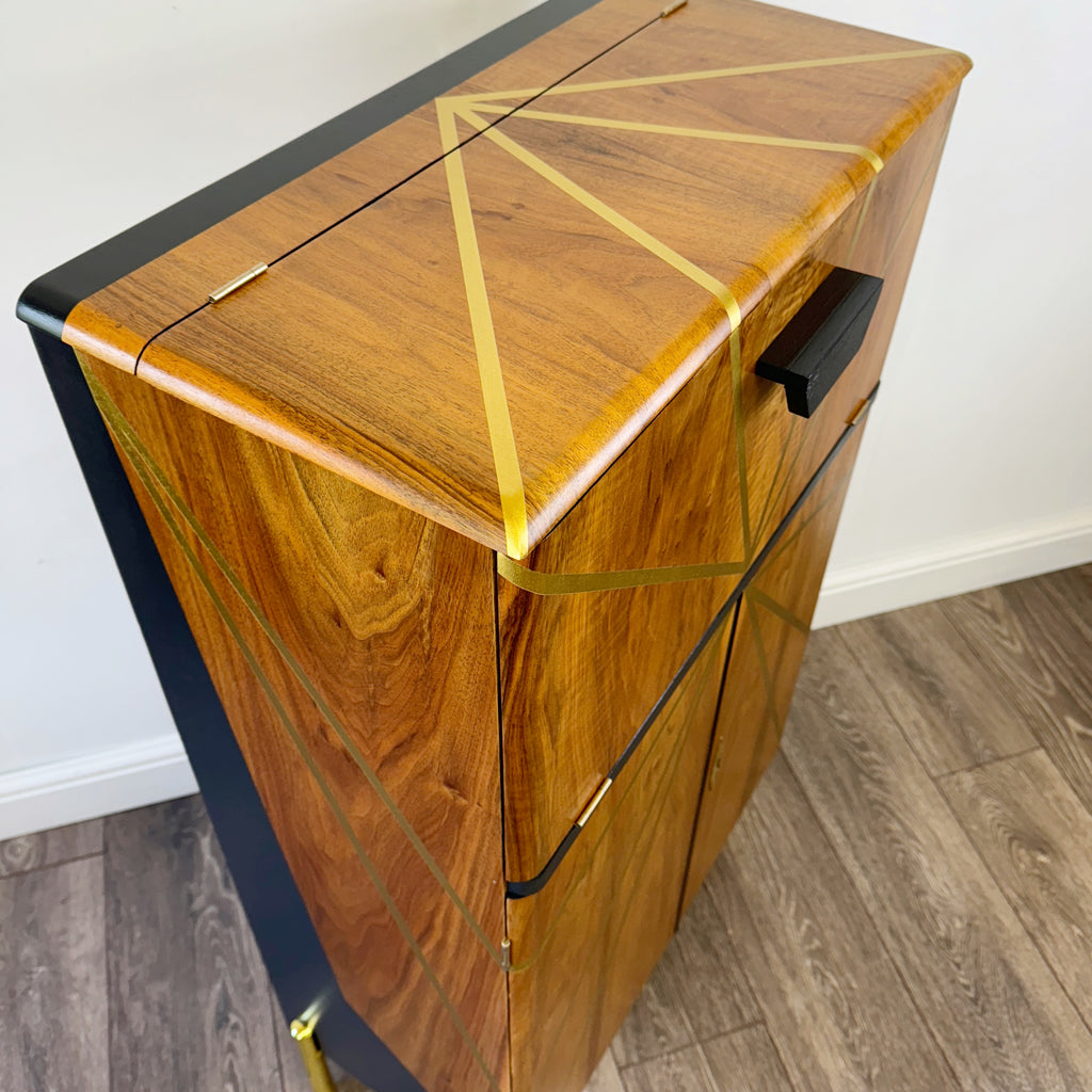 vintage upcycled drinks cabinet in black and gold