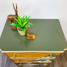 Load image into Gallery viewer, upcycled mid century chest of drawers mountain design in green and gold
