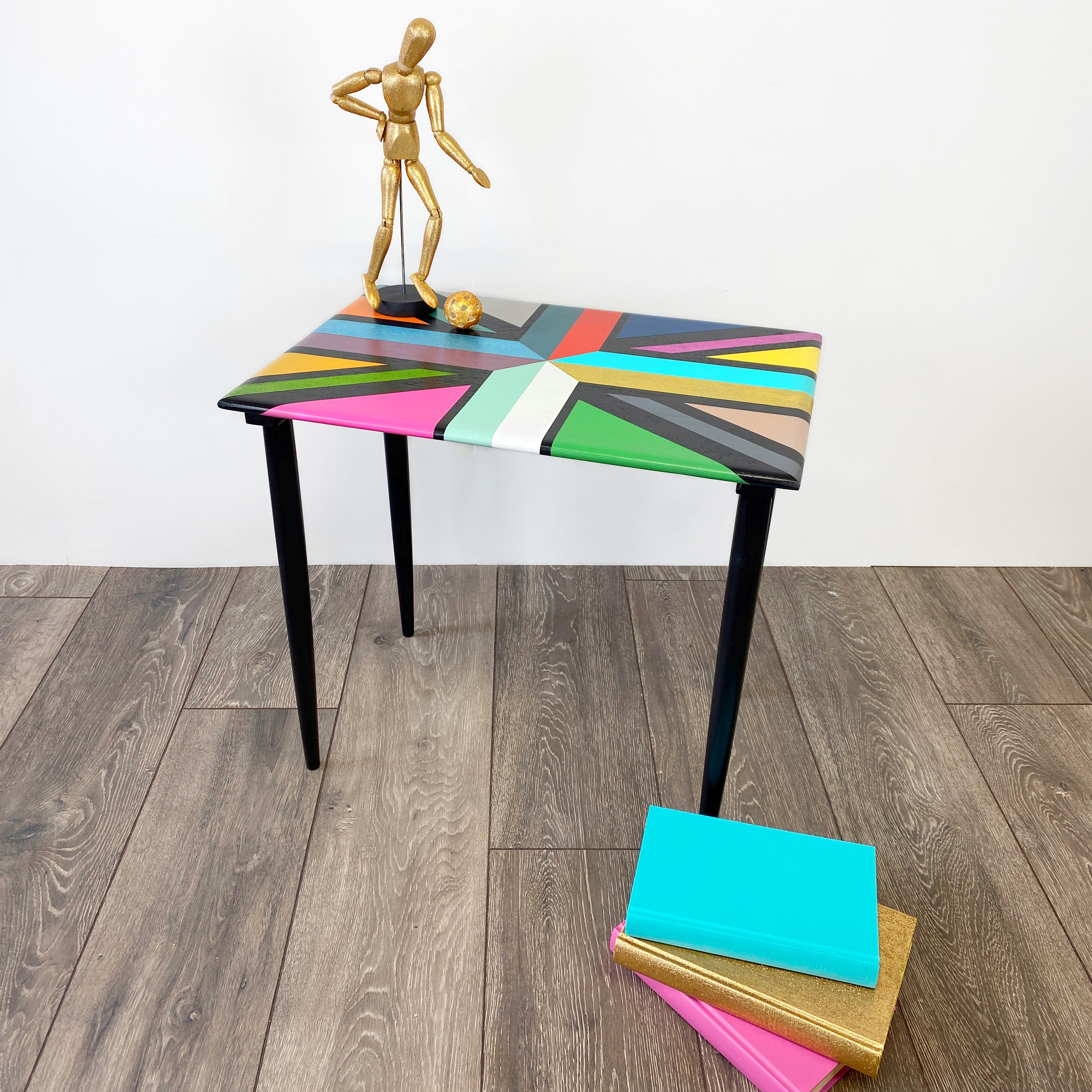 Union jack design painted table in right colours and glitter