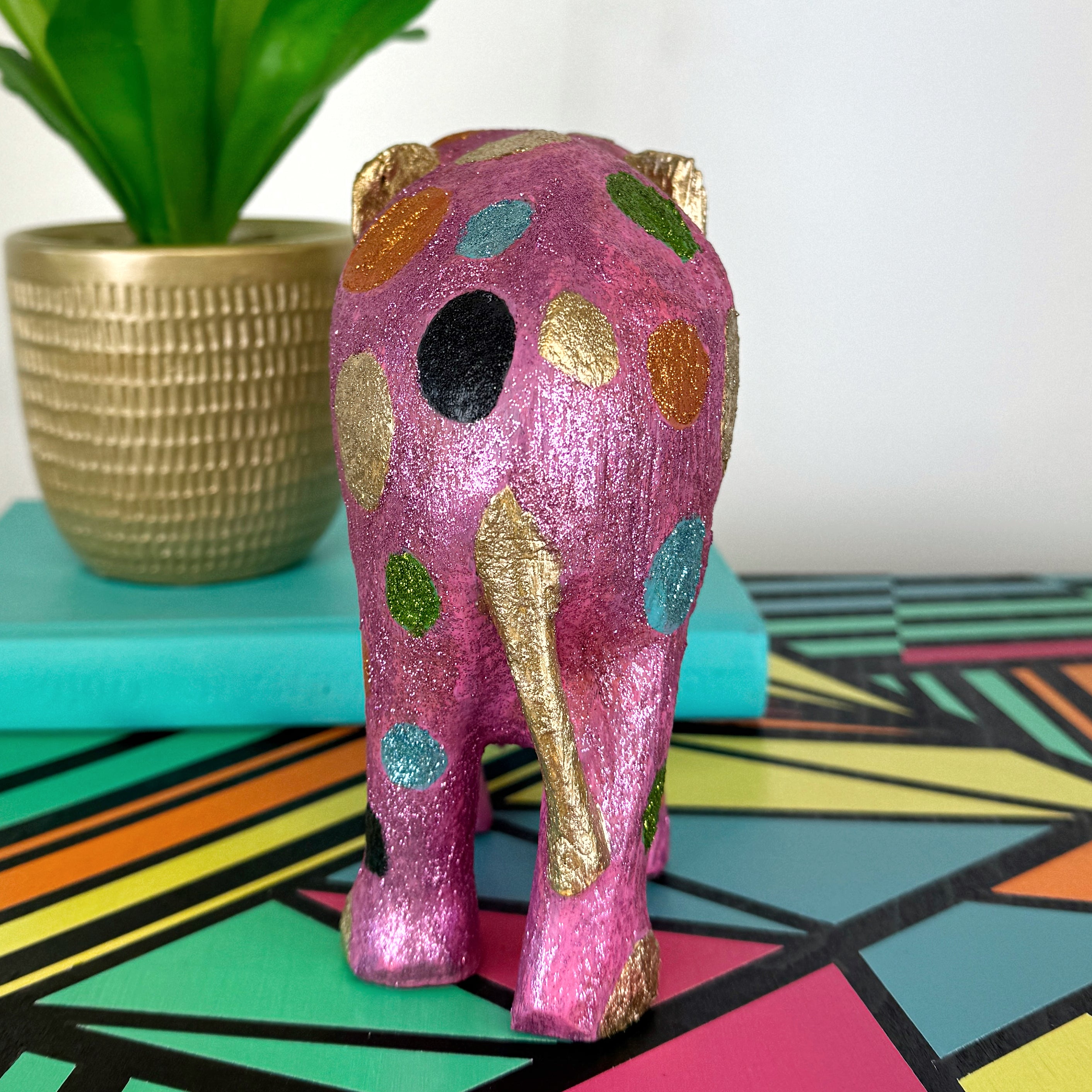 Pink gold and green glitter painted wooden elephant