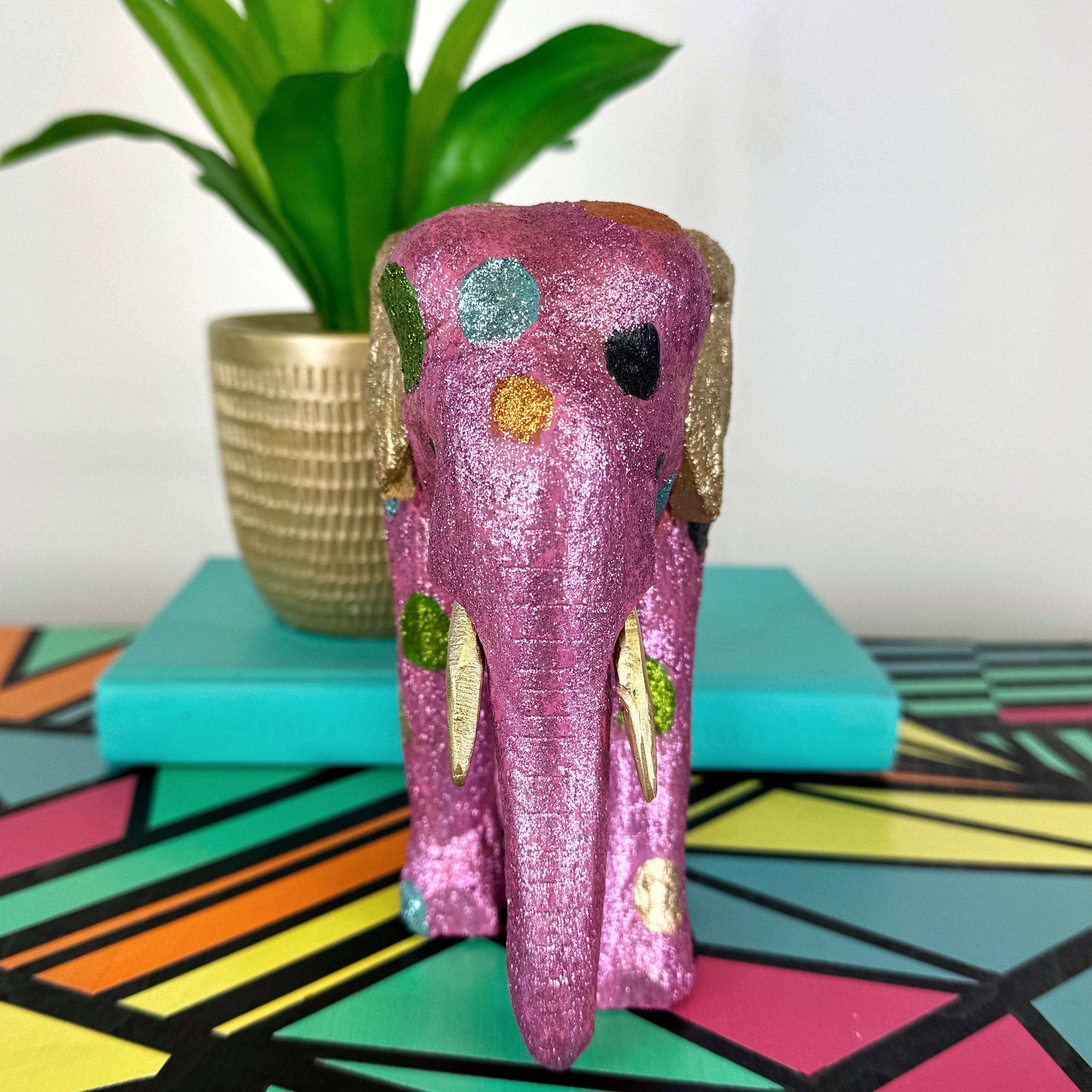 Pink gold and green glitter painted wooden elephant