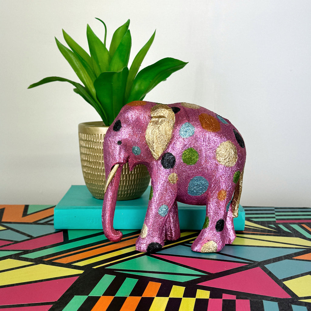 Pink gold and green glitter painted wooden elephant
