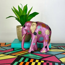 Load image into Gallery viewer, Pink gold and green glitter painted wooden elephant
