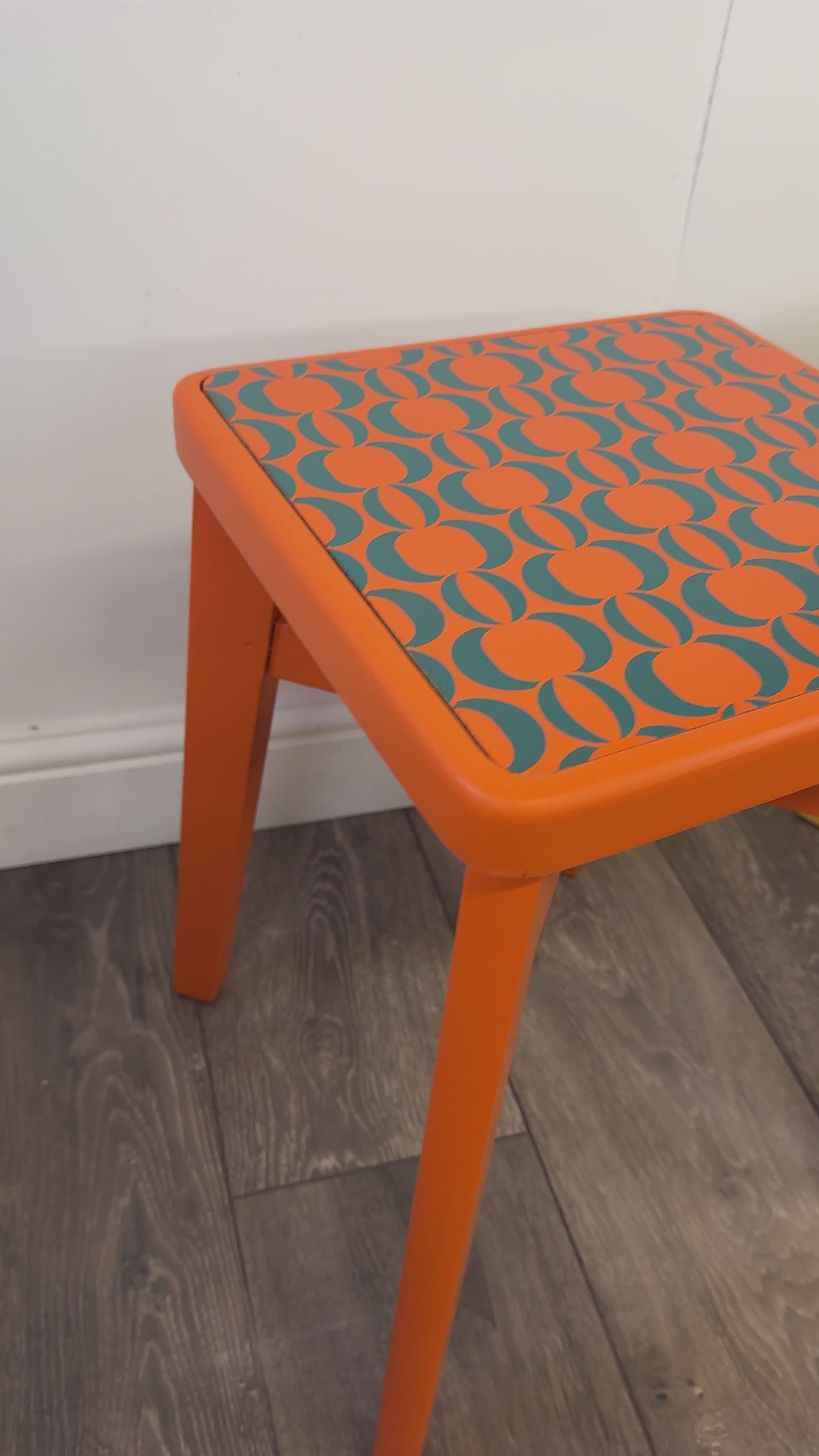 Two colourful stools with geometric patterns on the seat