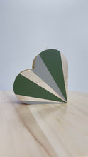 Load and play video in Gallery viewer, Painted wooden heart tealight holder in green, gold and grey
