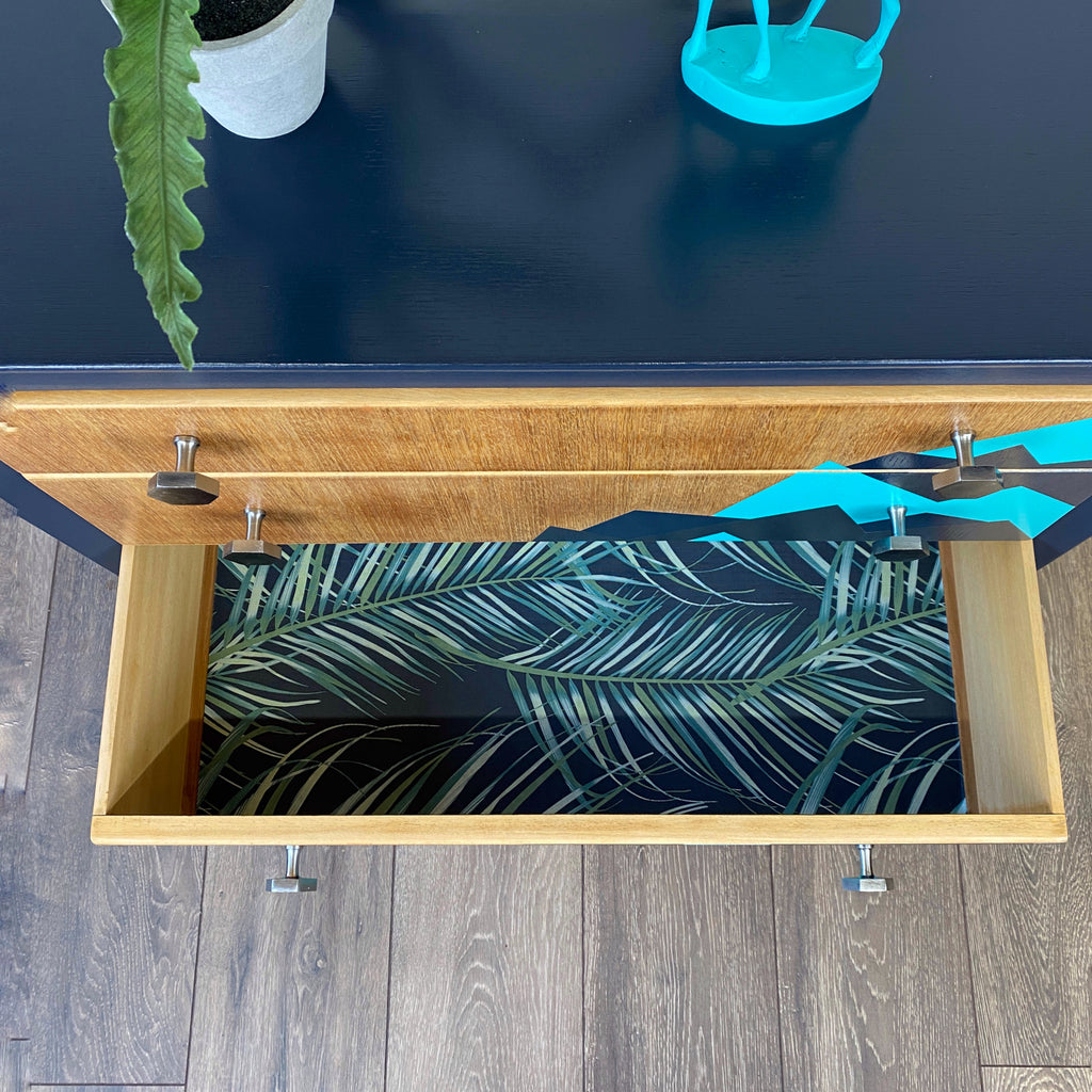 Upcyled painted lebsu mid century drawers with blue and silver geometric mountain pattern - inside of drawer papered with fern wallpaper