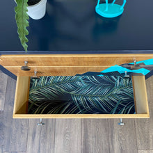 Load image into Gallery viewer, Upcyled painted lebsu mid century drawers with blue and silver geometric mountain pattern - inside of drawer papered with fern wallpaper
