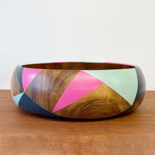 Load image into Gallery viewer, handpainted wooden bowl with triangular geometric design in blue, pink and teal
