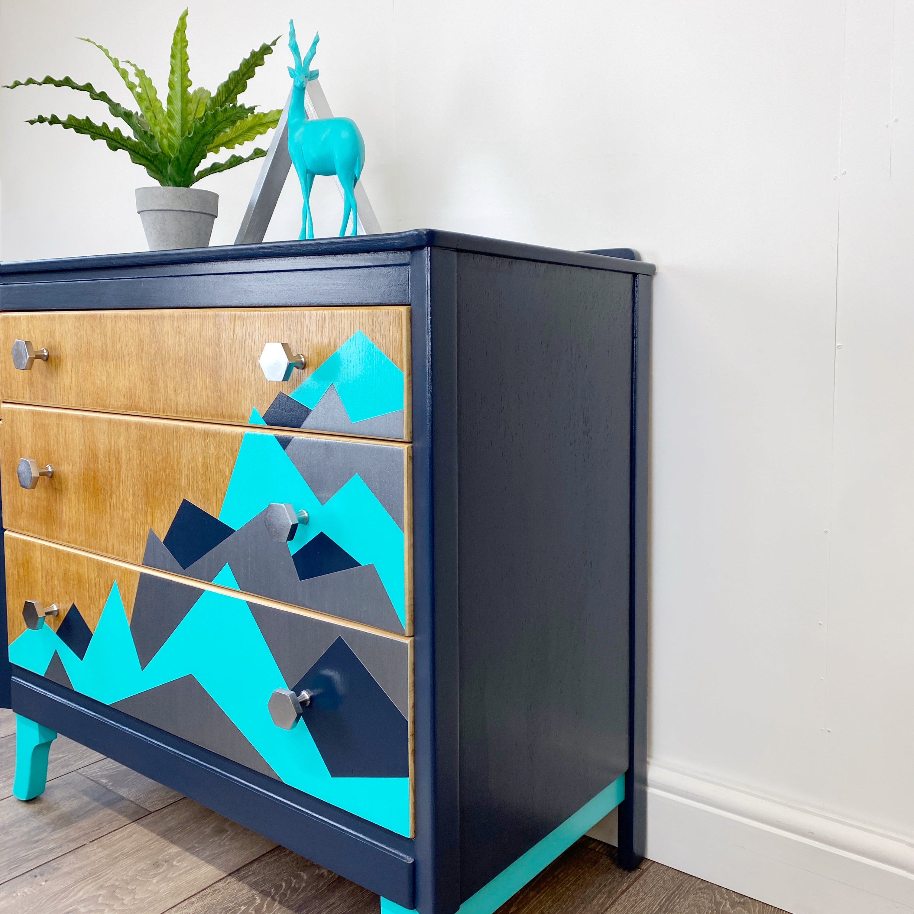 Upcyled painted lebsu mid century drawers with blue and silver geometric mountain pattern