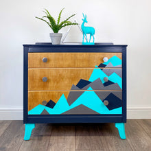 Load image into Gallery viewer, Upcyled painted lebsu mid century drawers with blue and silver geometric mountain pattern
